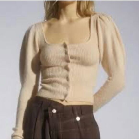 Urban Outfitters Ashley Puff Sleeve Cardigan in Neutral - Picture 2 of 12